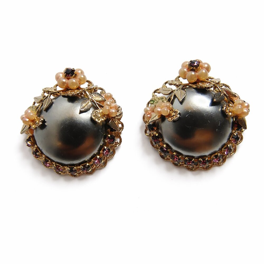 Vintage‎ Hematite Color Cabochon Floral Pearl Rhinestone Clip-On Earrings